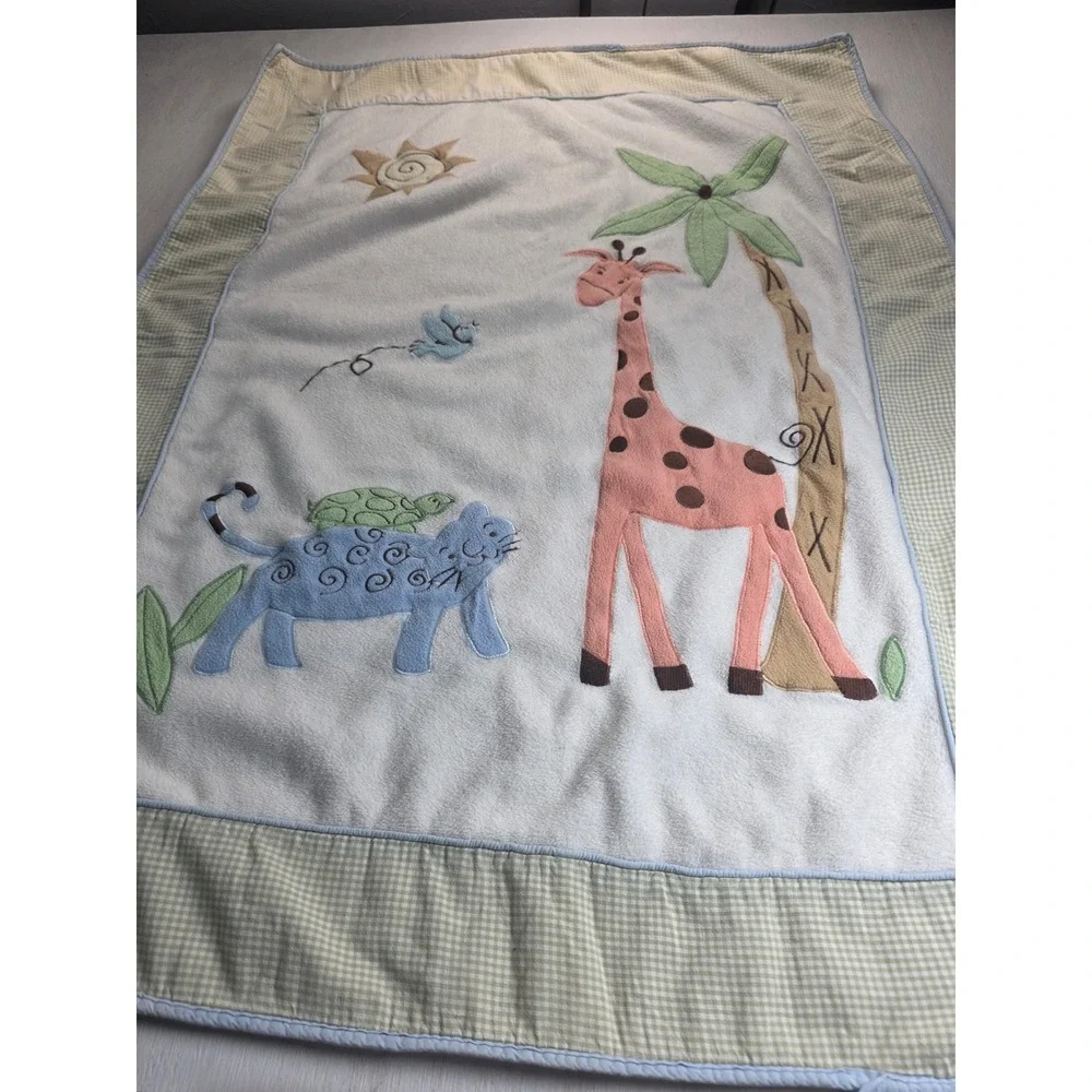 Vintage Jungle Safari Baby Crib Quilt Giraffe Leopard Gingham Border 32x42